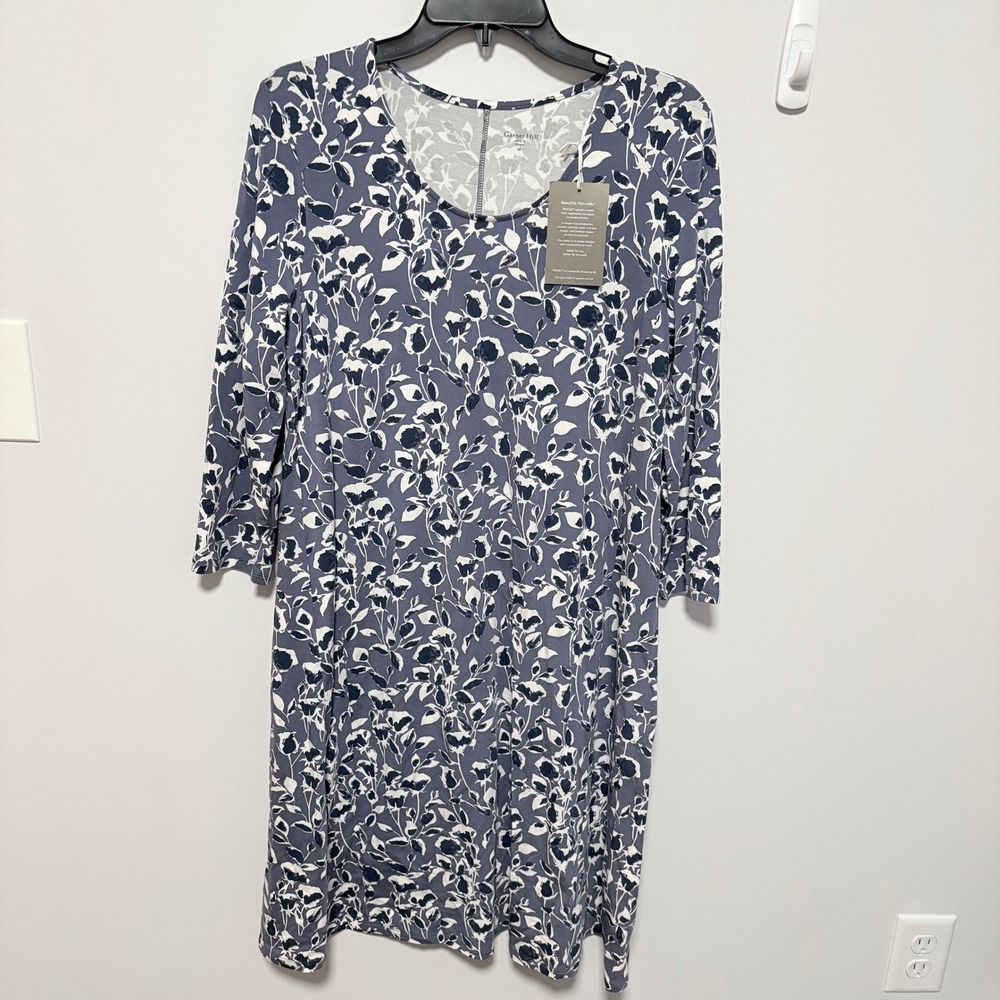 Garnet Hill Floral Tencel Lyocell Knit Dress Womens Blue M 3/4 Sleeve